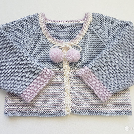 Raglan Garter Stitch Cardigan with Pom Poms